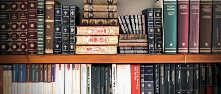 A detailed view of a bookshelf with vintage and classic books arranged neatly, offering a historic ambiance.